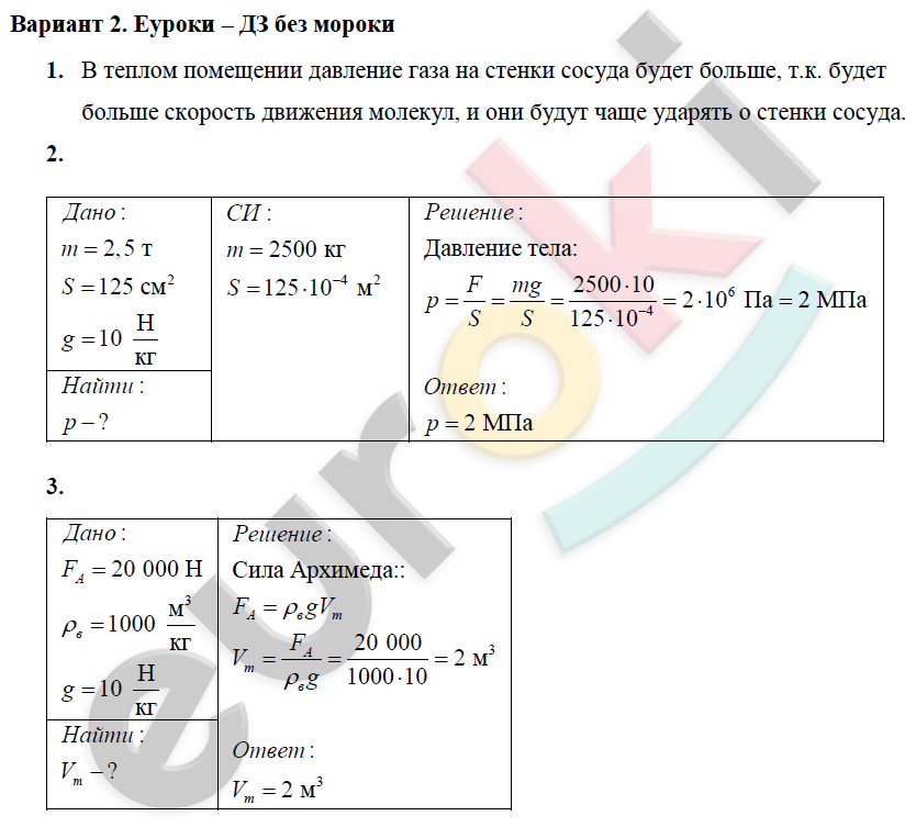 Контрольная работа по физике седьмой класс давление